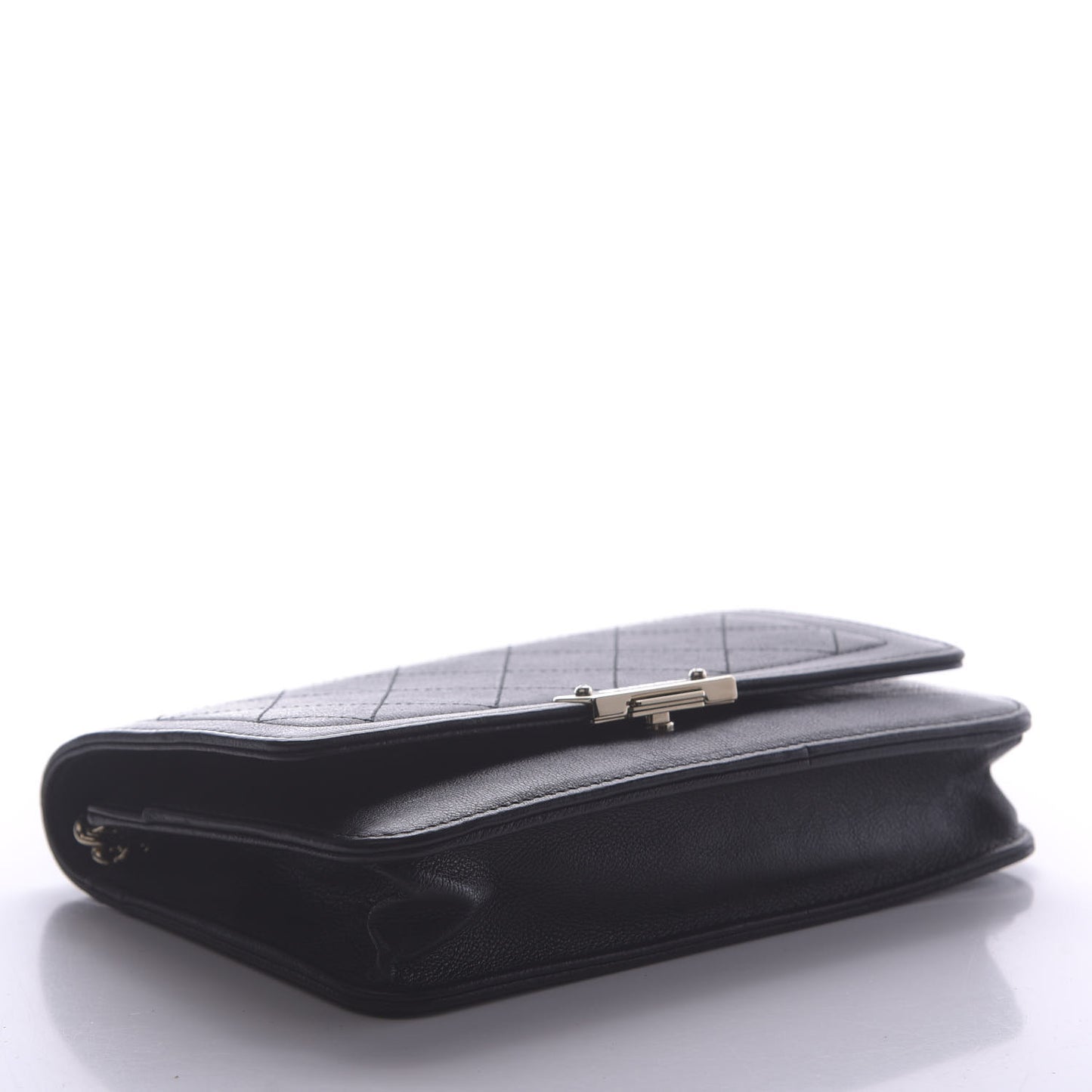 Grained Calfskin Quilted Label Click Flap Wallet On Chain WOC Black