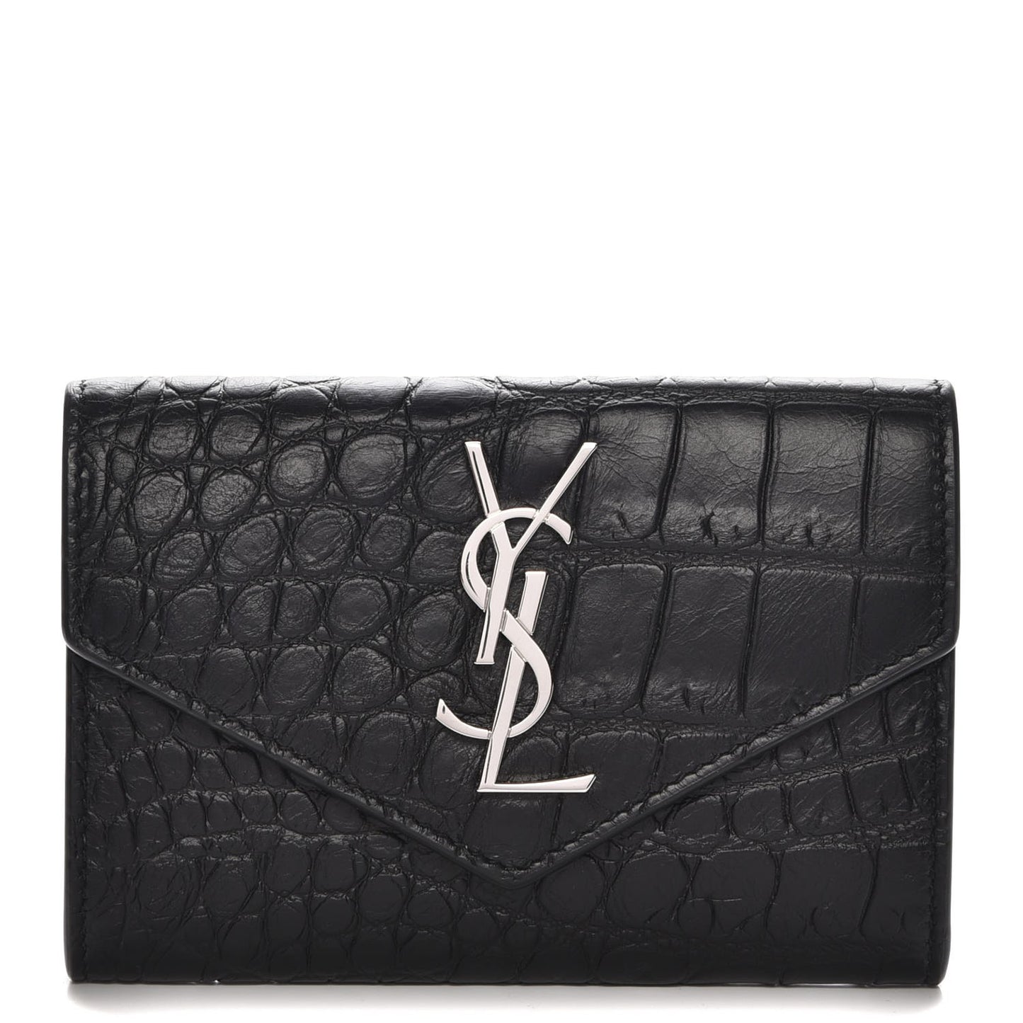 Calfskin Crocodile Embossed Small Monogram Envelope Wallet Black