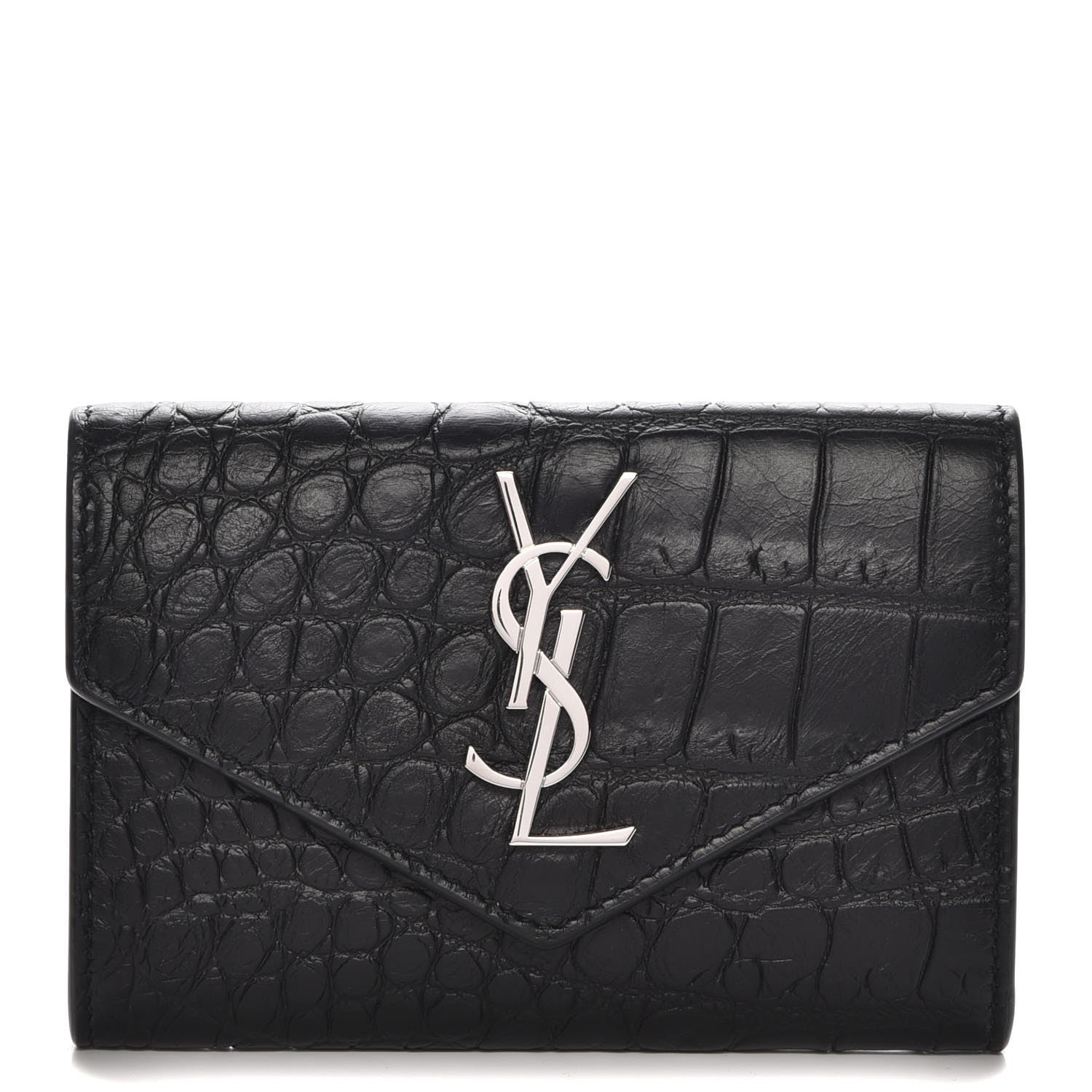 Saint Laurent Calfskin Crocodile Embossed Small Monogram Envelope Wallet Black 1 of 8