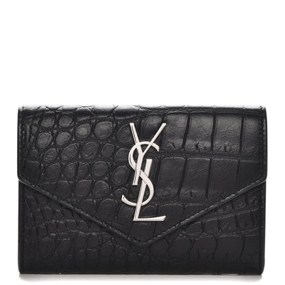 Saint Laurent Calfskin Crocodile Embossed Small Monogram Envelope Wallet Black 1 of 8