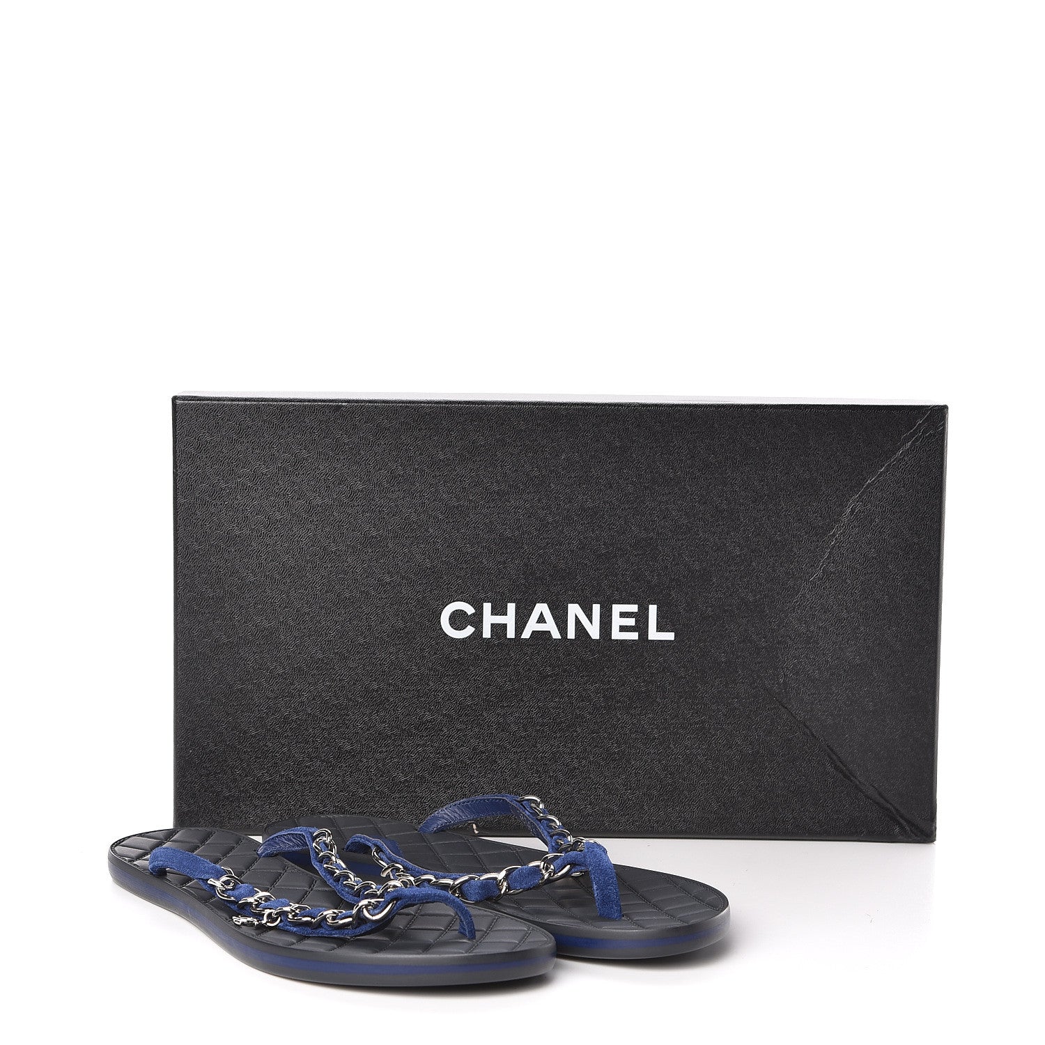 Chanel Suede Calfskin Quilted Chain Thong Sandals 36 Navy Blue 7 of 7