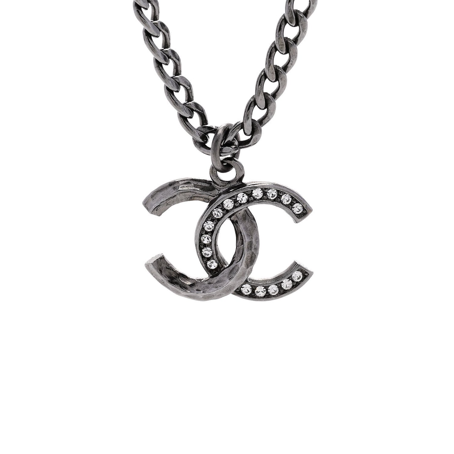 Crystal Textured CC Pendant Necklace Ruthenium
