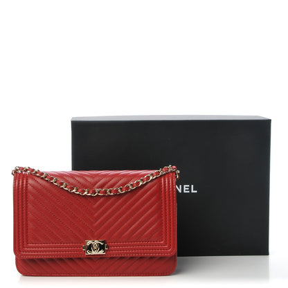 Chanel Calfskin Chevron Quilted Boy Wallet On Chain WOC Red 9 of 9