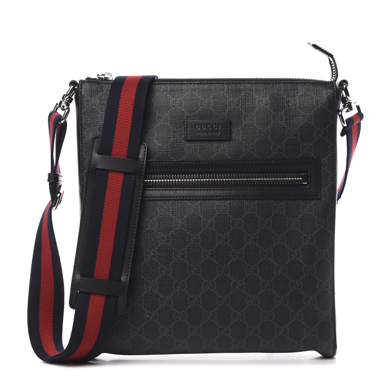 Gucci GG Supreme Monogram Appia Calfskin Web Flat Messenger Bag Black Grey 1 of 12