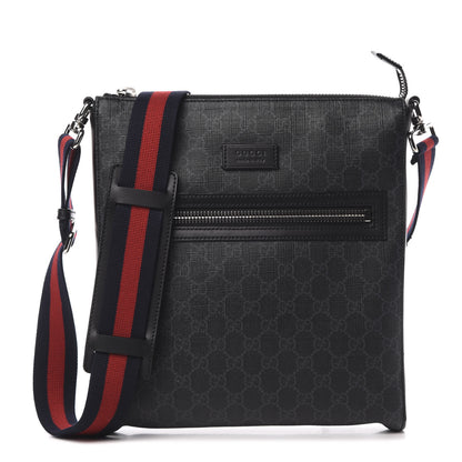 Gucci GG Supreme Monogram Appia Calfskin Web Flat Messenger Bag Black Grey 1 of 12