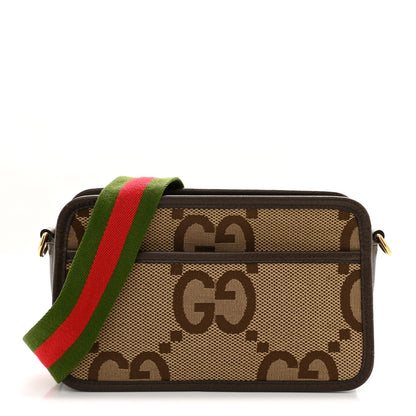 Gucci Monogram Jumbo GG Textured Dollar Calfskin Web Mini Crossbody Bag Camel Ebony New Acero 1 of 11
