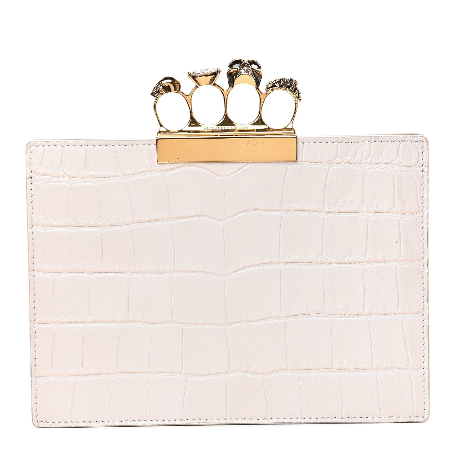 Calfskin Crocodile Embossed Knuckle Flat Clutch Ivory