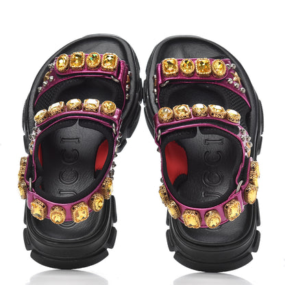 Gucci Nappa Mesh Crystal Embellished Studded Womens Aguru Sandals 36 Pink Black 5 of 9