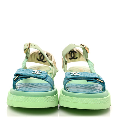 Chanel Lambskin Logo Platform Sandals 38 Turquoise Green Gold 2 of 9
