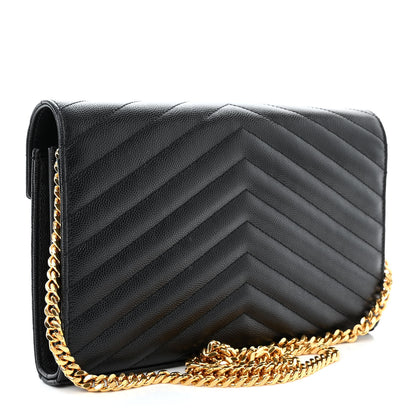 Saint Laurent Grain De Poudre Matelasse Chevron Monogram Chain Wallet Black 3 of 11
