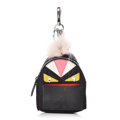 Fendi Nylon Shiny Nappa Nutria Fox Fur Monster Eyes Mini Backpack Charm Black Multicolor 1 of 6