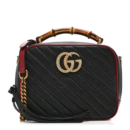 Gucci Vintage Effect Calfskin Matelasse Diagonal Small Torchon GG Marmont Bamboo Top Handle Shoulder Bag Black Romantic Cherry 1 of 11