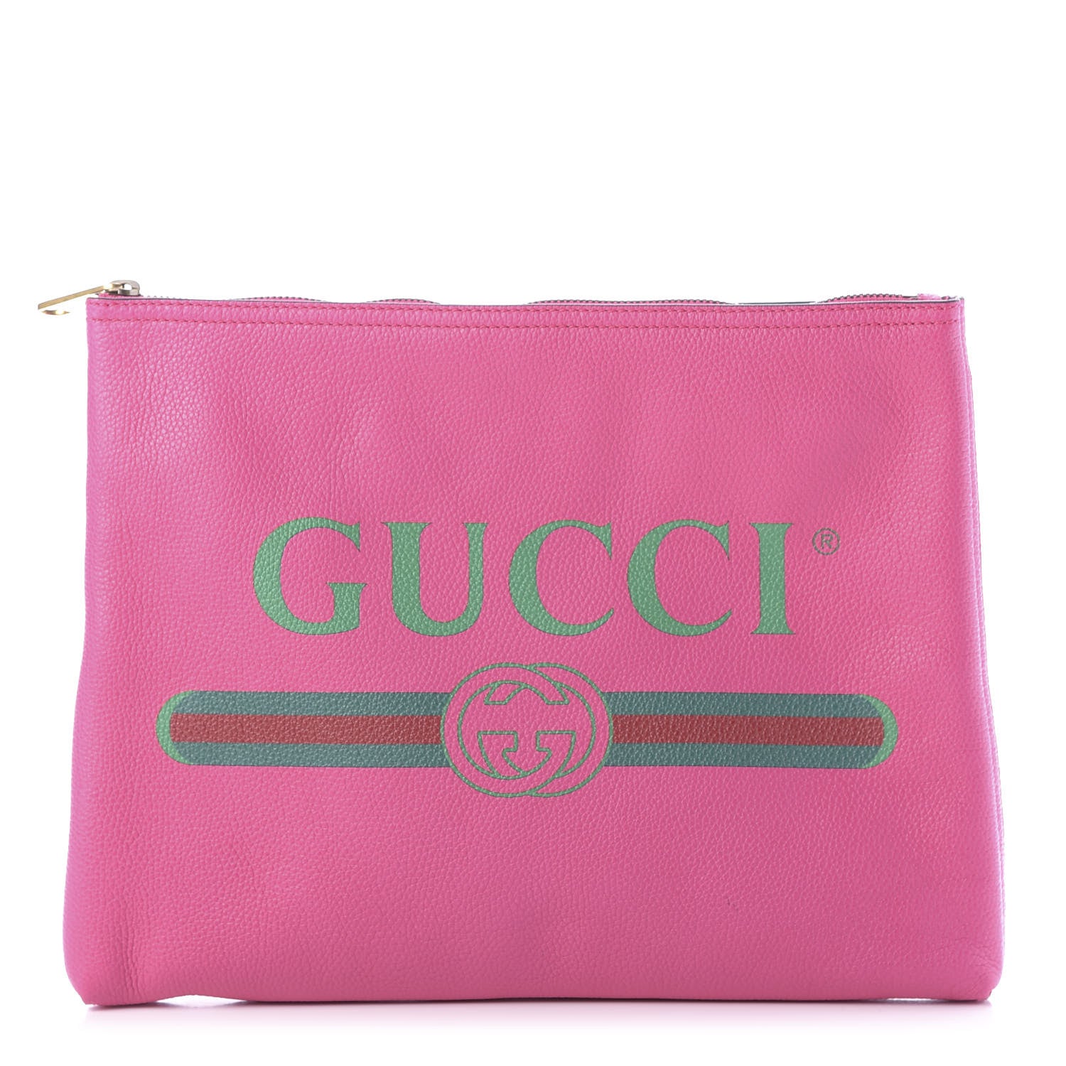 Gucci Pebbled Calfskin Medium Logo Portfolio Clutch Box Pink Green 1 of 11