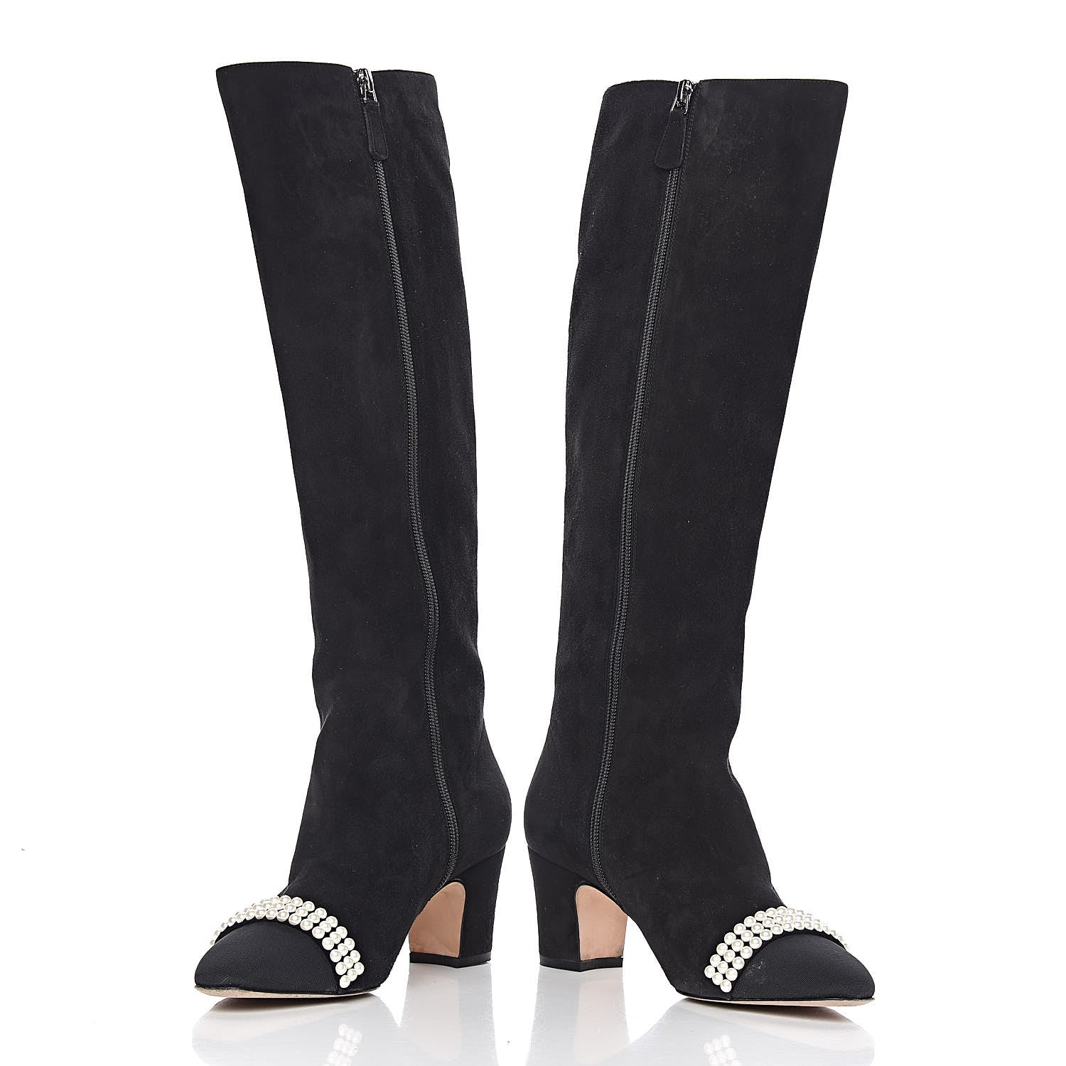 Chanel Suede Grosgrain Pearl CC Cap Toe High Boots 37 Black 5 of 17