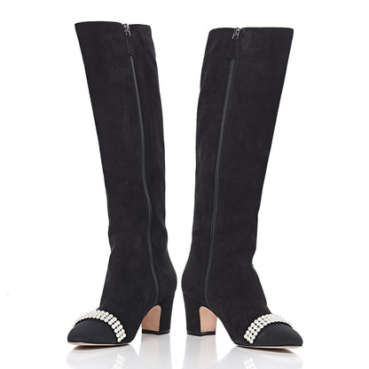 Chanel Suede Grosgrain Pearl CC Cap Toe High Boots 37 Black 5 of 17