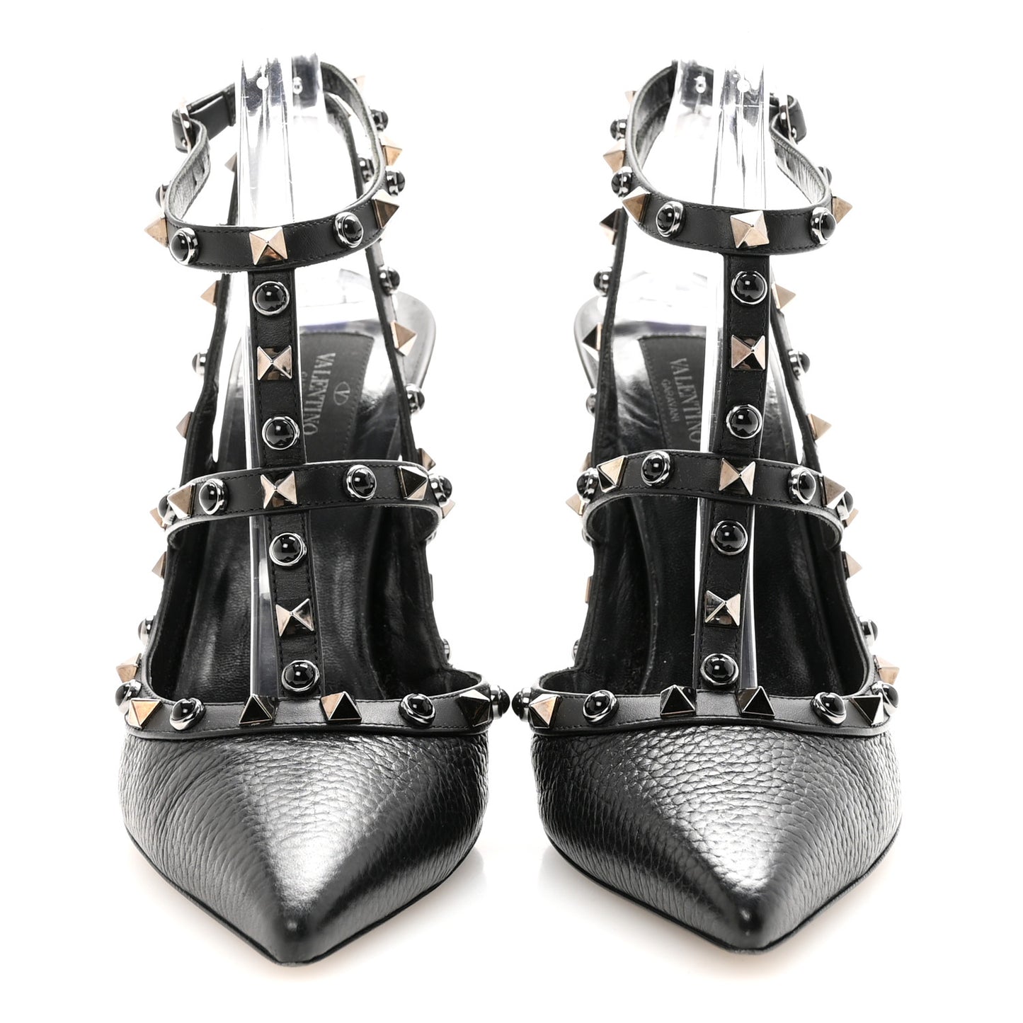 Pebbled Calfskin Onyx Rockstud Rolling Ankle Strap 100mm Pumps 39.5 Black