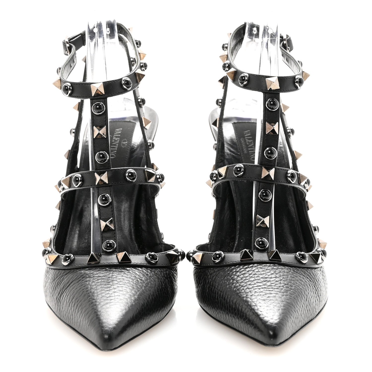 Valentino Garavani Pebbled Calfskin Onyx Rockstud Rolling Ankle Strap 100mm Pumps 39.5 Black 3 of 10
