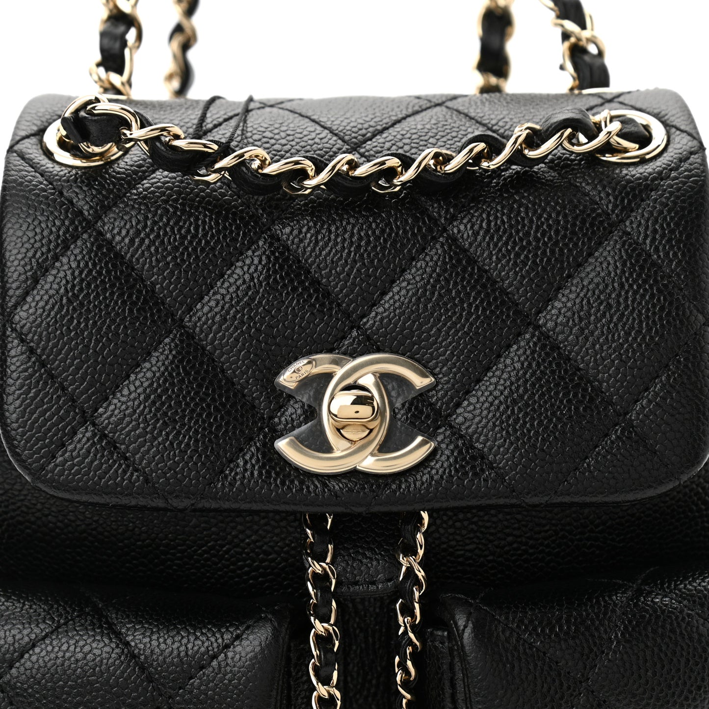 Shiny Caviar Quilted Small Duma Pockets Drawstring Backpack Black
