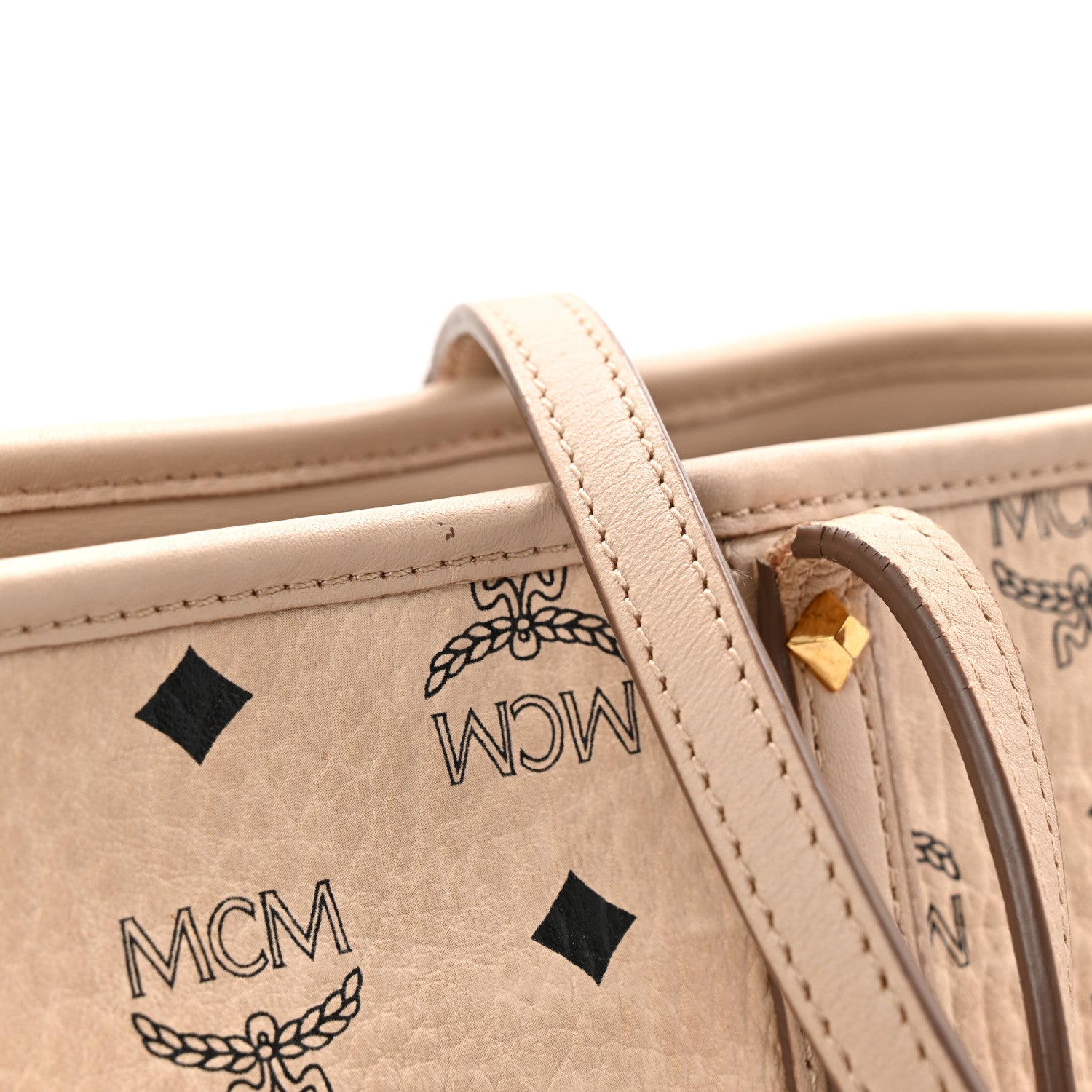 MmC MCM Visetos Medium Studded Rabbit Top Zip Shopper Tote Beige