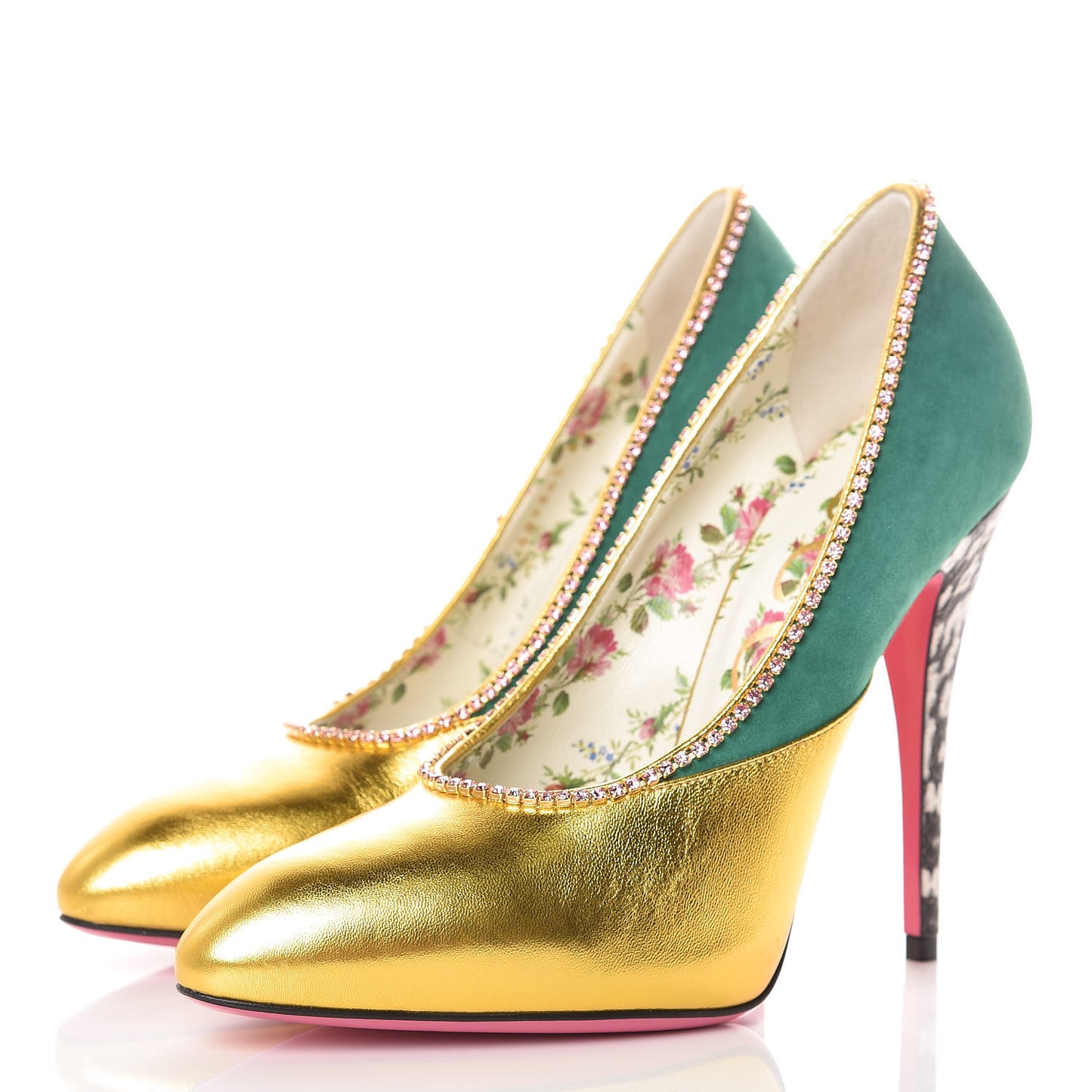 Metallic Nappa Kid Scamosciato Elaphe Snakeskin Peachy Pumps 38.5 Oro Emerald Roccia