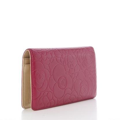 Chanel Lambskin Camellia Embossed Yen Wallet Fuchsia 3 of 9