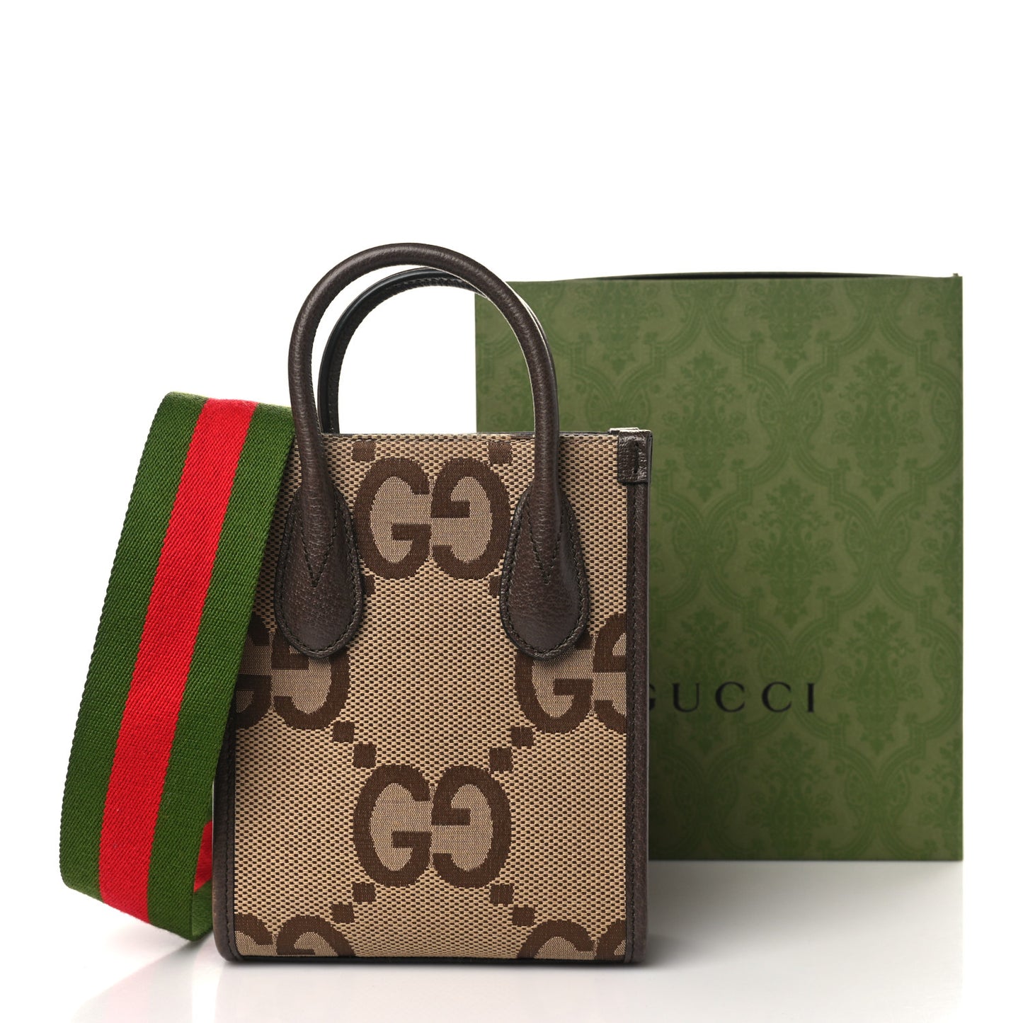Monogram Jumbo GG Textured Dollar Calfskin Web Mini Vertical Tote Camel Ebony New Acero