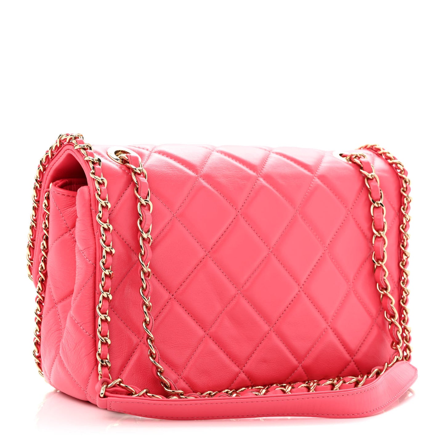 Crumpled Calfskin Quilted Medium Chain All Over Flap Pink