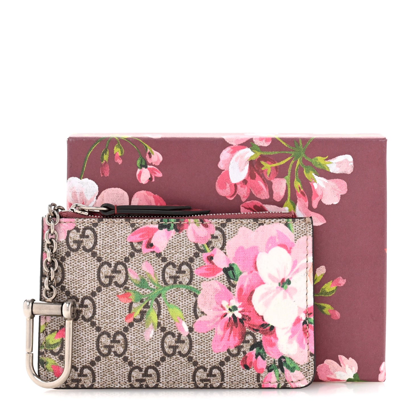 GG Supreme Monogram Blooms Key Ring Coin Case Beige Multicolor Dry Rose