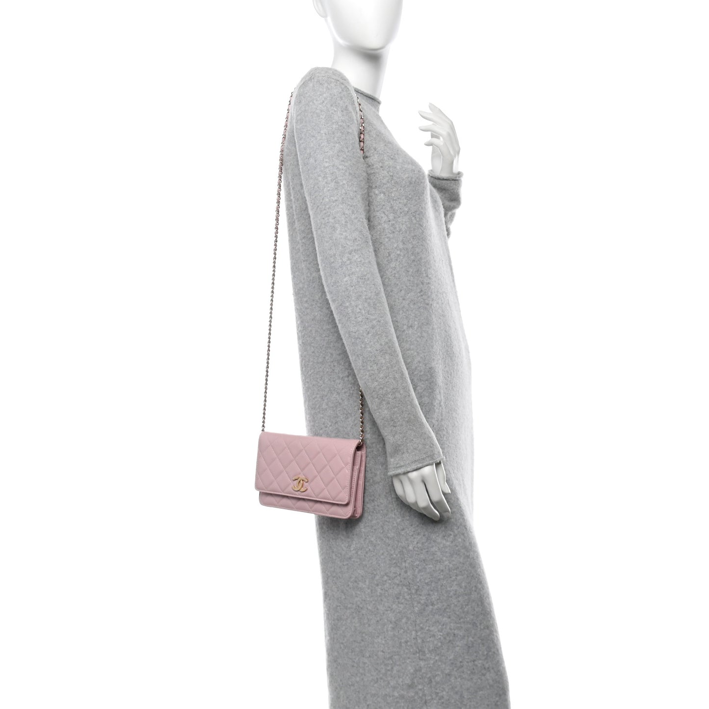 Caviar Quilted Studded CC Wallet on Chain WOC Light Pink