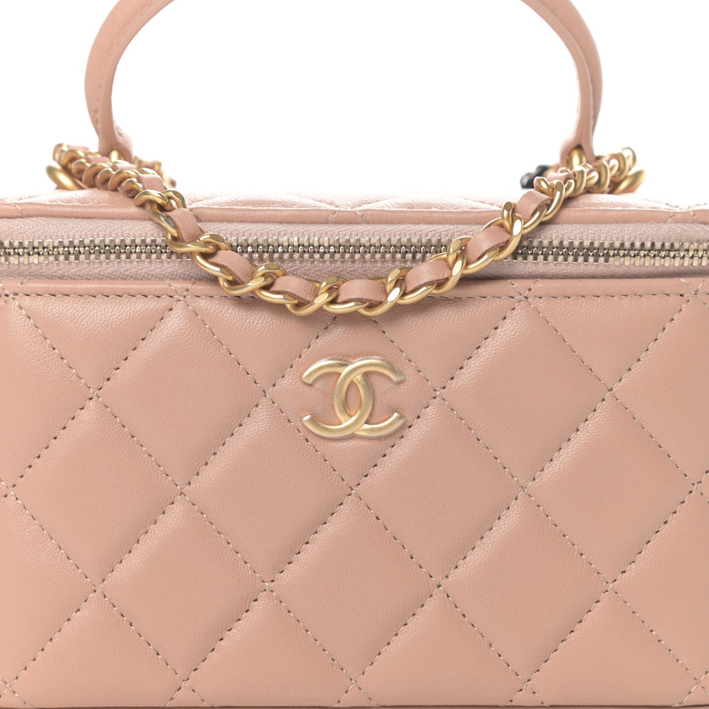 Lambskin Quilted Small Top Handle Vanity Case With Chain Beige