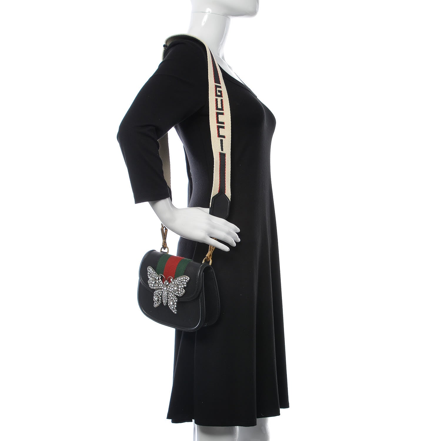 Gucci Calfskin Web Crystal Butterfly Stripe Small Totem Shoulder Bag Black 2 of 11