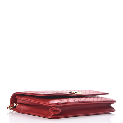 Chanel Calfskin Chevron Quilted Boy Wallet On Chain WOC Red 4 of 11