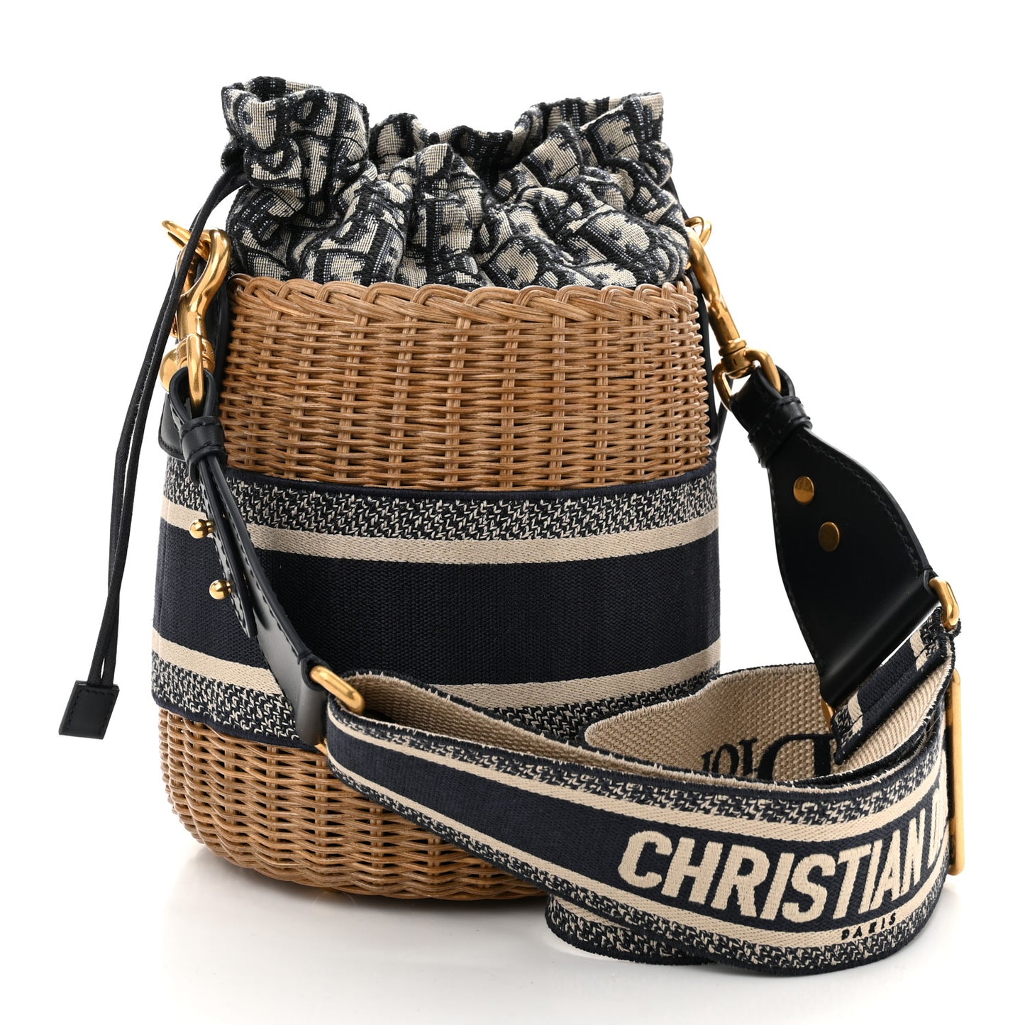 Wicker Oblique Drawstring Bucket Bag Blue