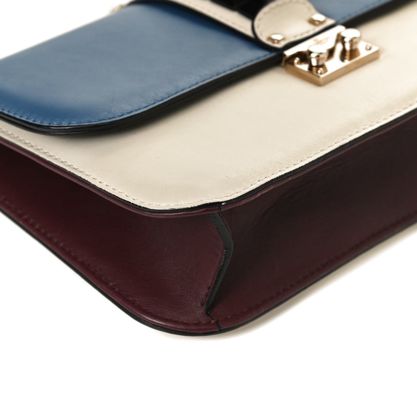 Vitello Tri-Color Medium Glam Lock Rockstud Flap Blue White Burgundy