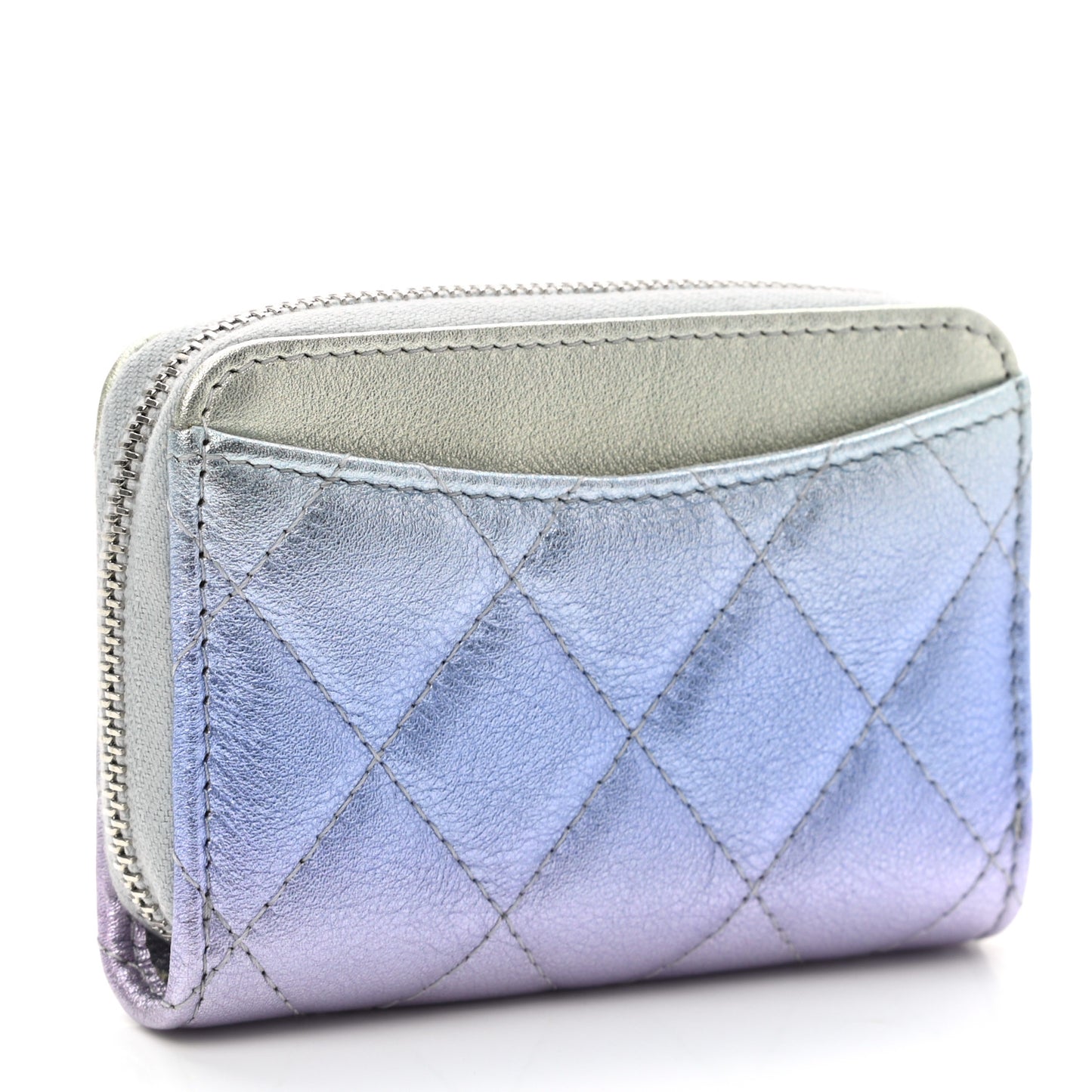 Gradient Metallic Calfskin Quilted Zip Around Coin Purse Wallet Silver Blue Yellow Purple