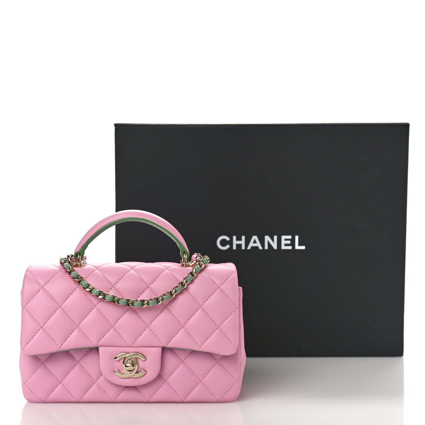 Lambskin Quilted Mini Top Handle Rectangular Flap Lilac Light Green