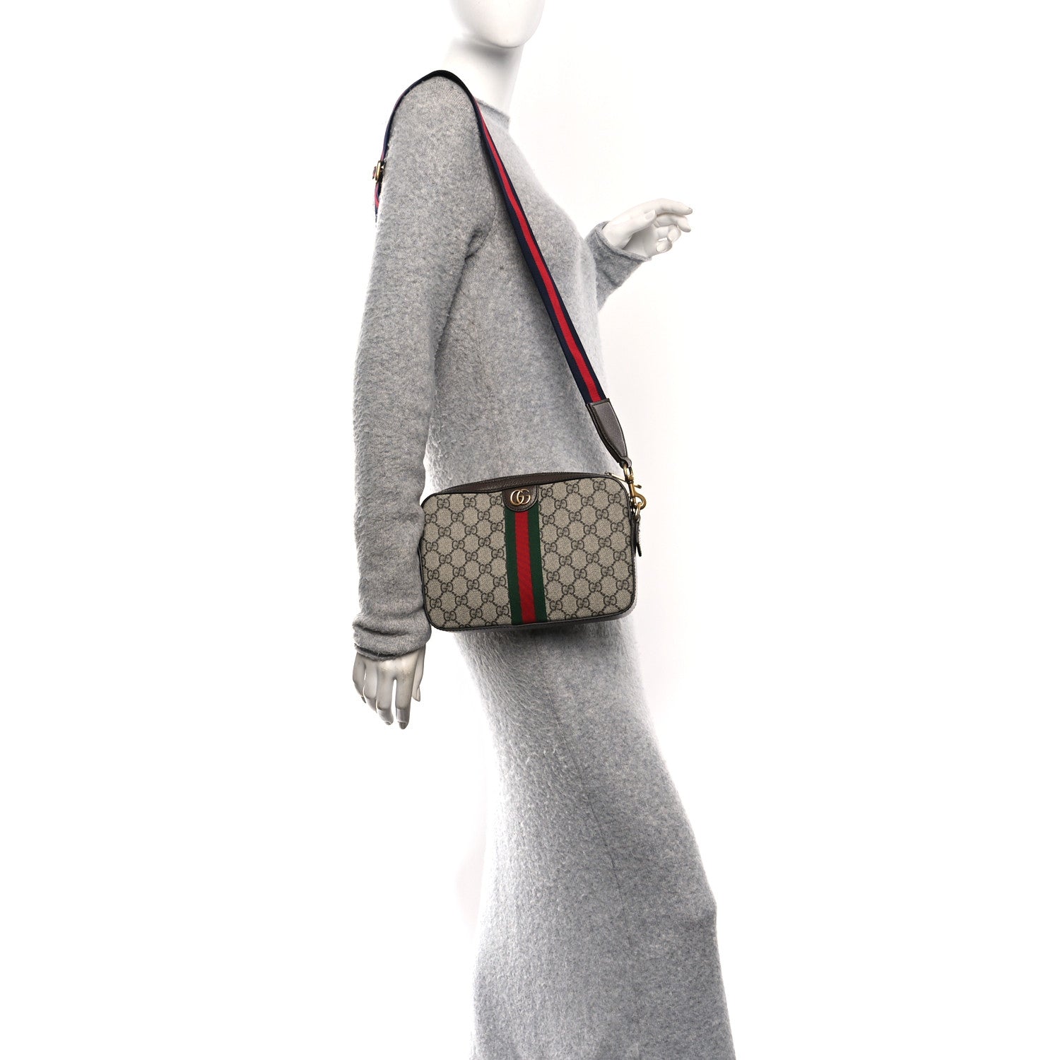 Gucci GG Supreme Monogram Textured Dollar Calfskin Web Ophidia Wristlet Shoulder Bag Beige Ebony New Acero 2 of 10