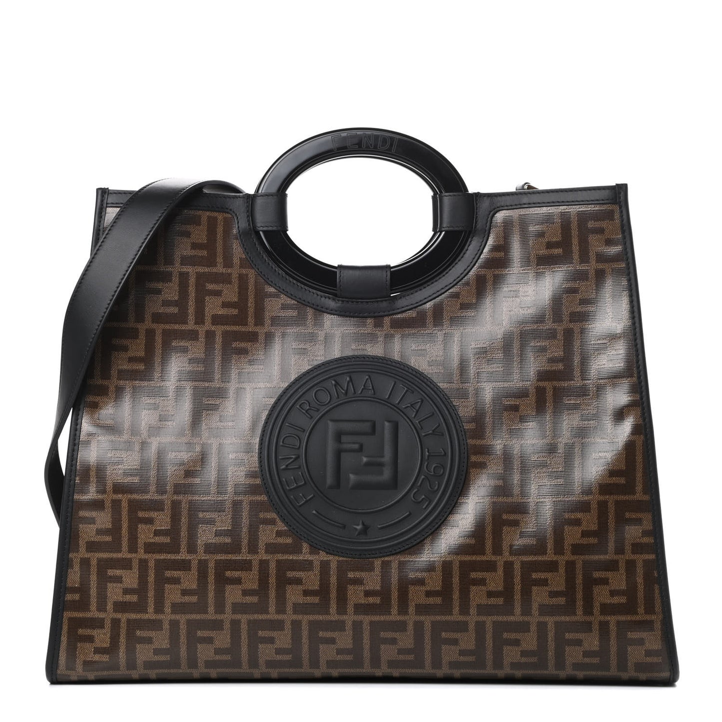 Glazed Fabric Vitello Century Plexiglass FF 1974 Stamp Patch Medium Runaway Shopper Tote Mogano Panna Black