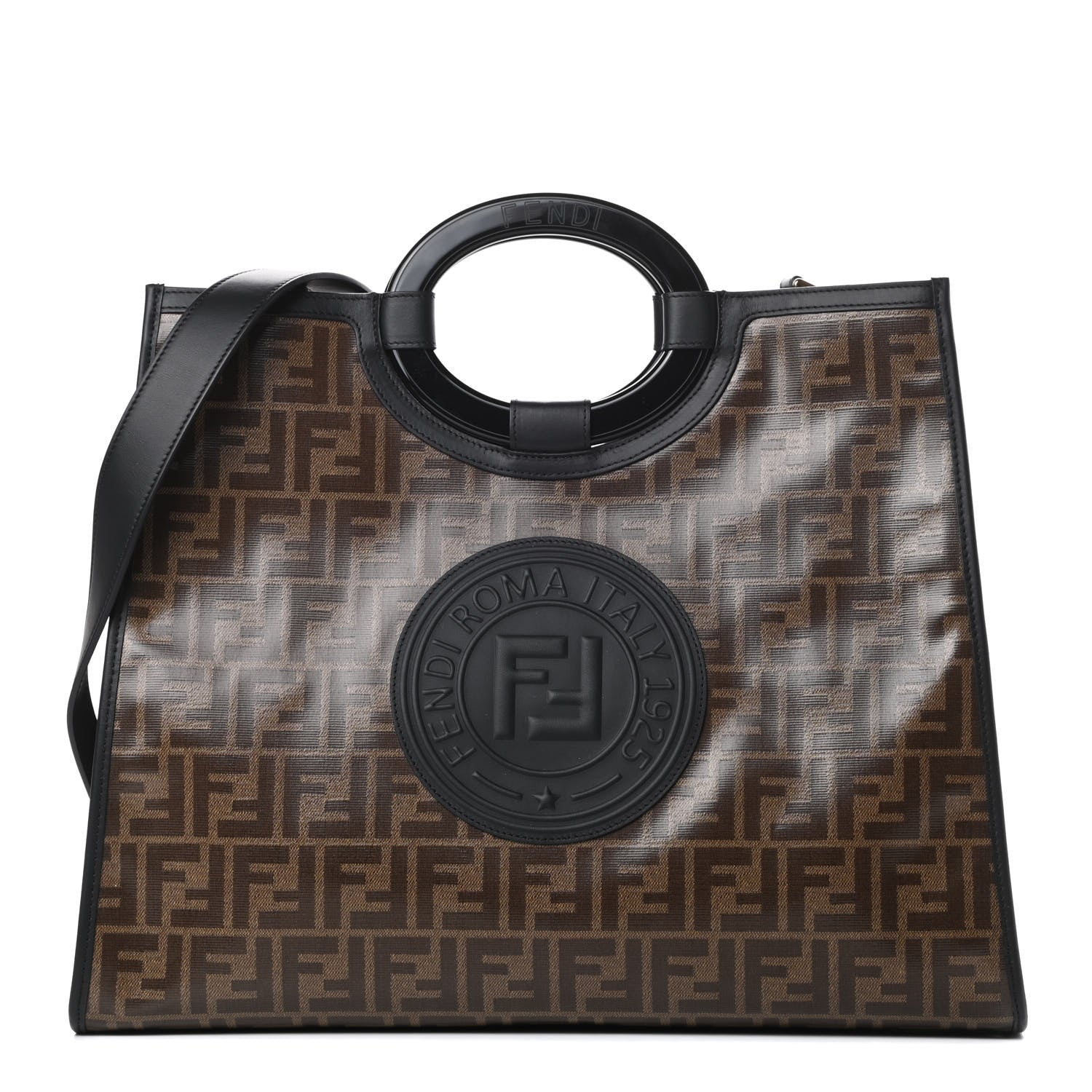 Fendi Glazed Fabric Vitello Century Plexiglass FF 1974 Stamp Patch Medium Runaway Shopper Tote Mogano Panna Black 1 of 10