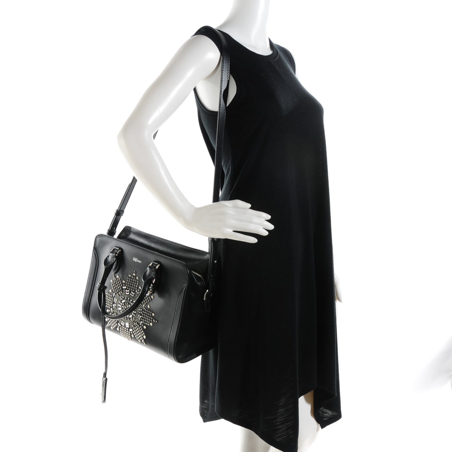 Smooth Calfskin Small Star Studded Skull Padlock Zip Around Tote Black