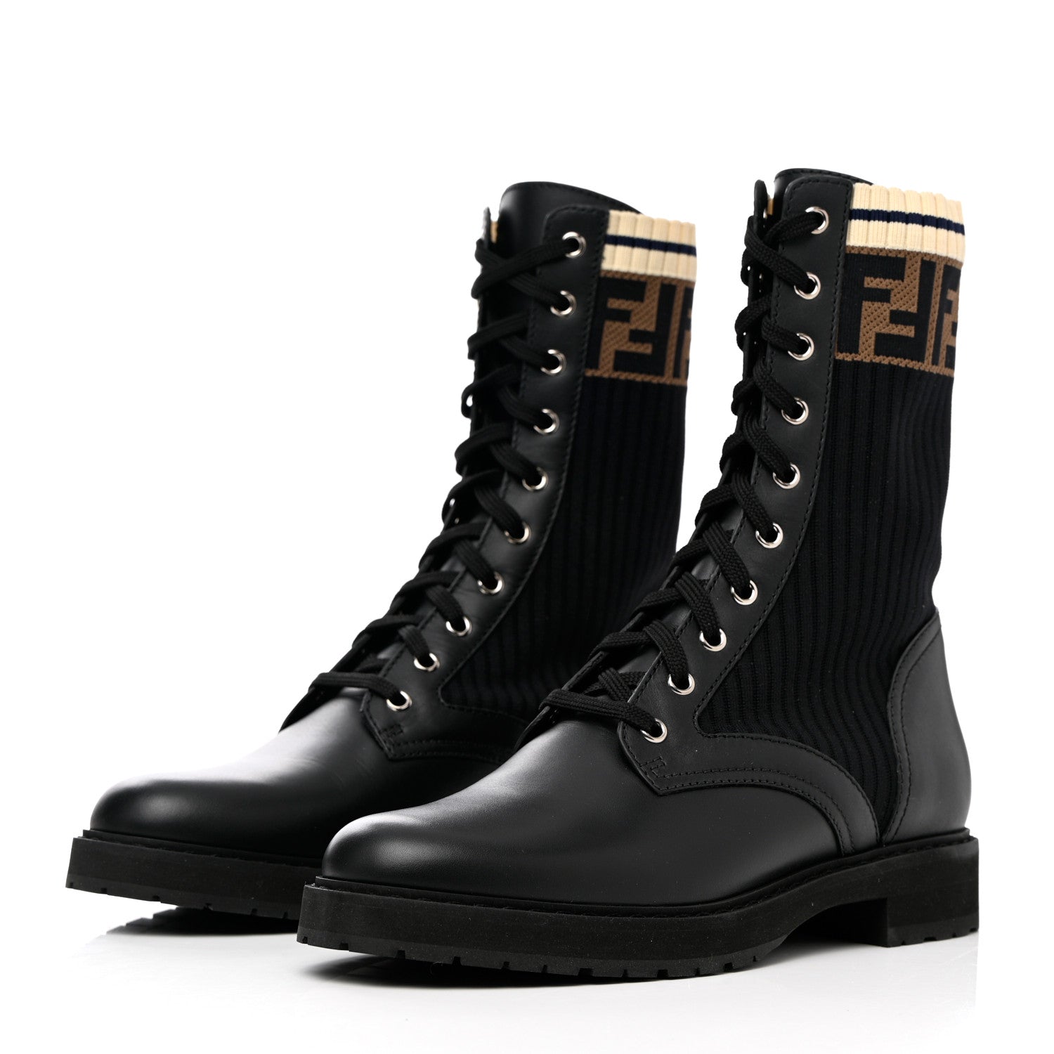 Fendi Calfskin Stretch Fabric Rockoko Biker Boots 40 Tobacco Black Marino 3 of 11