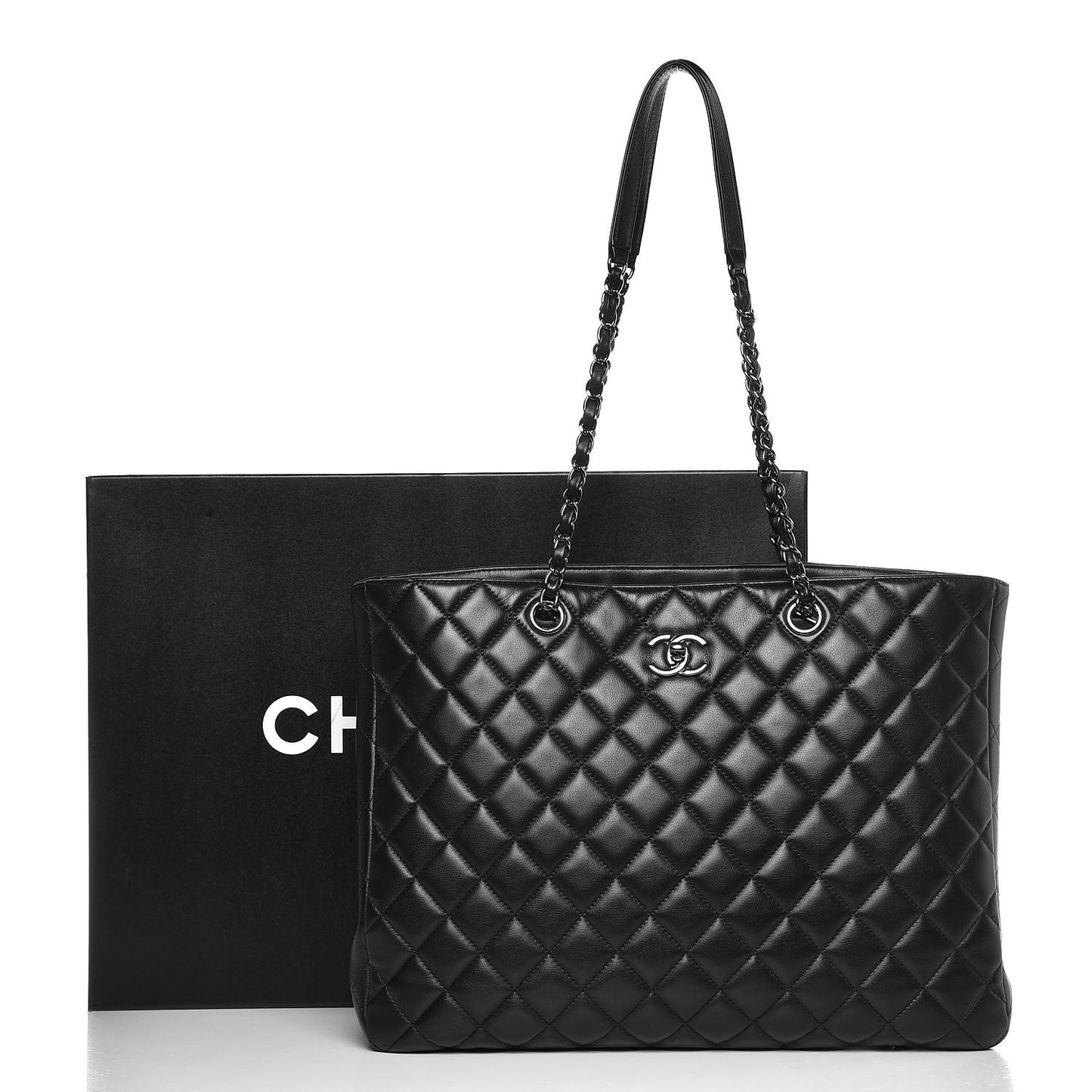 Calfskin Quilted Large CC Shopping Tote Black