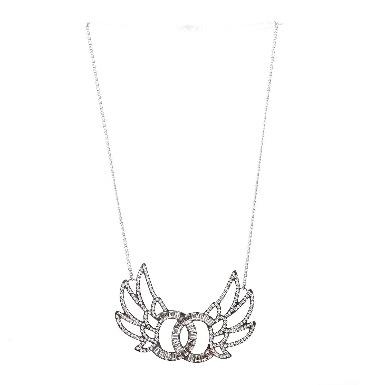 Chanel Baguette Crystal Winged CC Necklace Silver 3 of 7