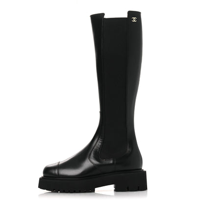 Chanel Calfskin Cap Toe CC Tall Boots 37.5 Black 1 of 11