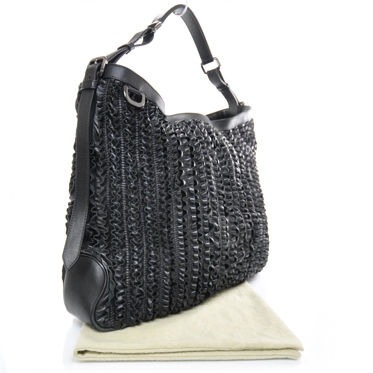 Leather Ruched Ribbon Tote Black