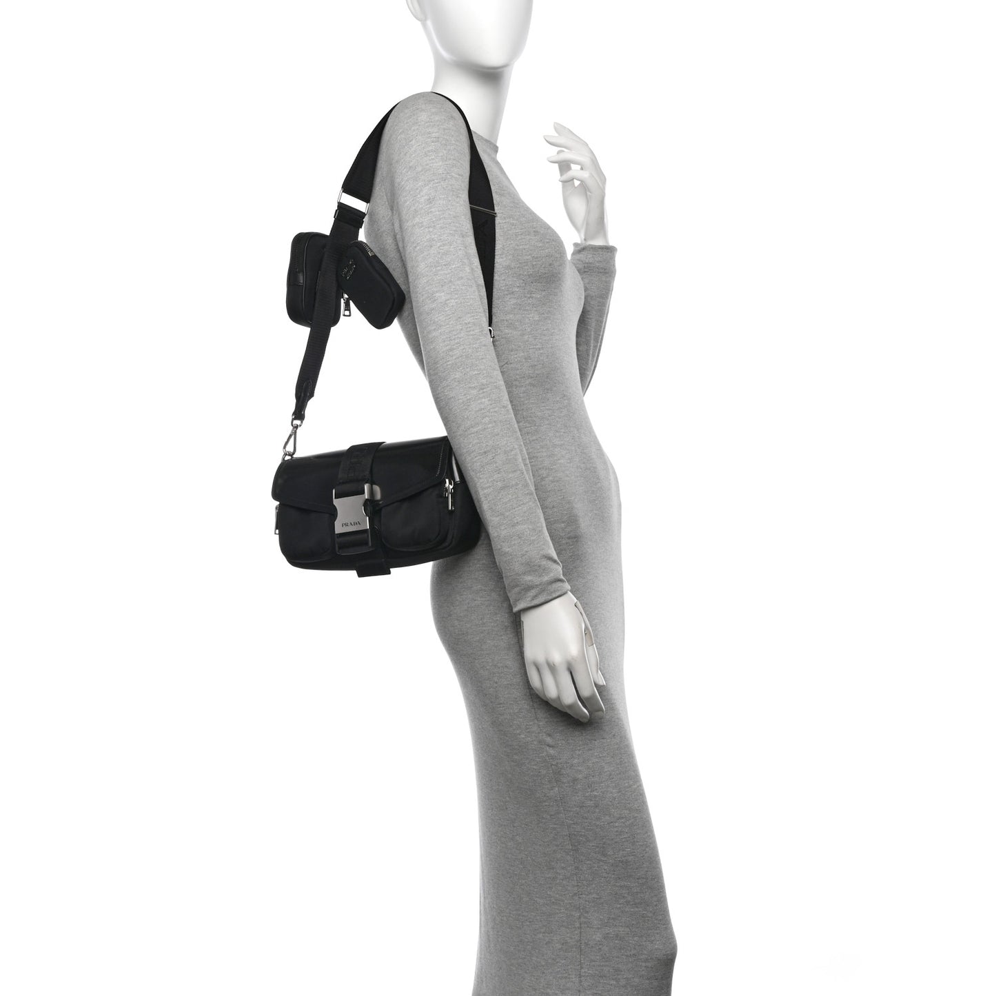 Re-Nylon Spazzolato Double Pocket Buckle Shoulder Bag Black