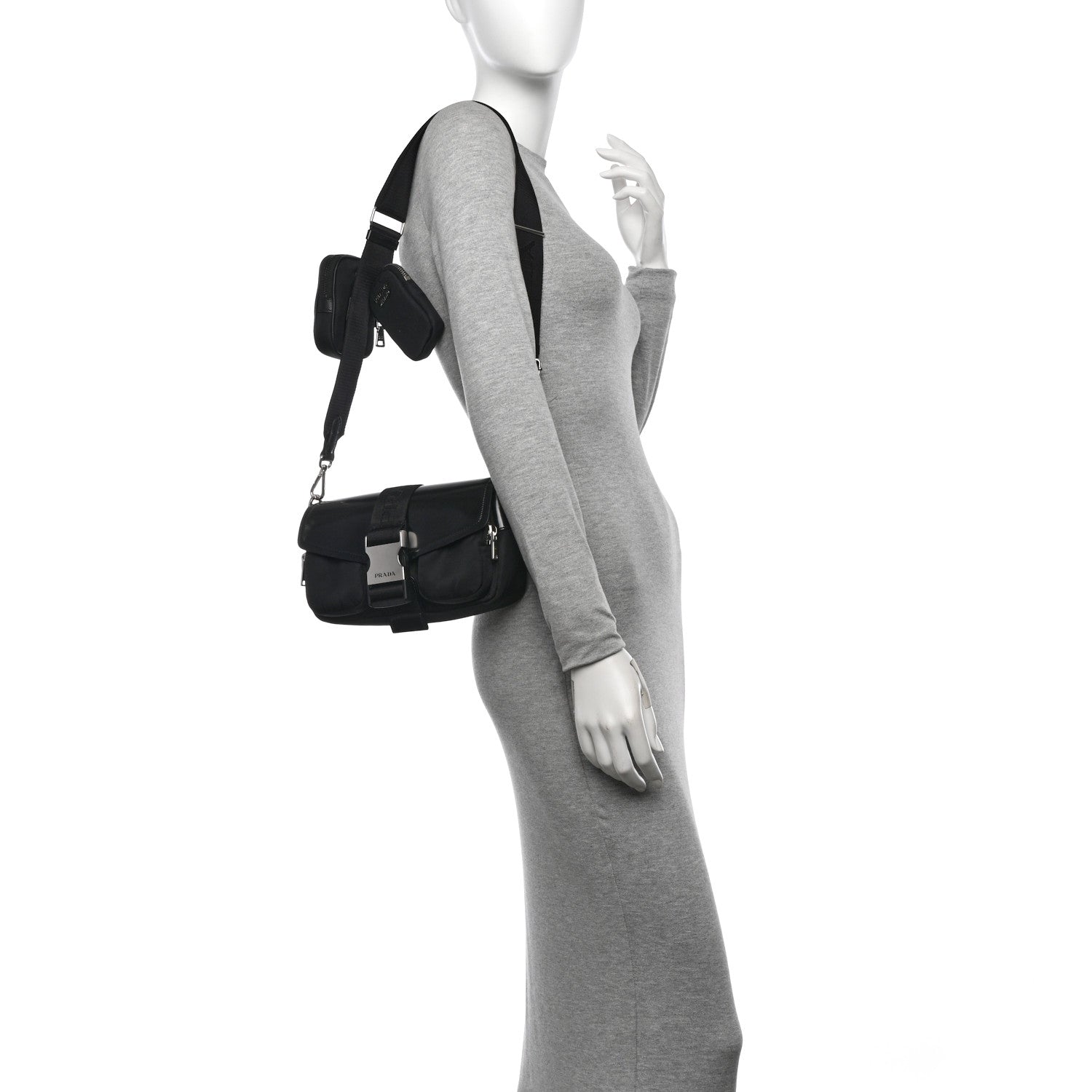 Prada Re-Nylon Spazzolato Double Pocket Buckle Shoulder Bag Black 2 of 10