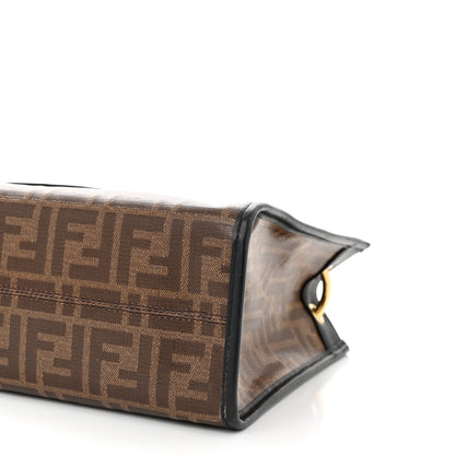Fendi Glazed Fabric Vitello Century Plexiglass FF 1974 Stamp Patch Small Runaway Shopper Tote Mogano Panna Black 10 of 10