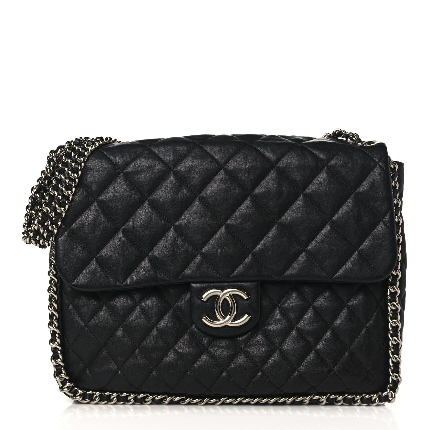 Washed Lambskin Quilted Maxi Chain Around Flap Black