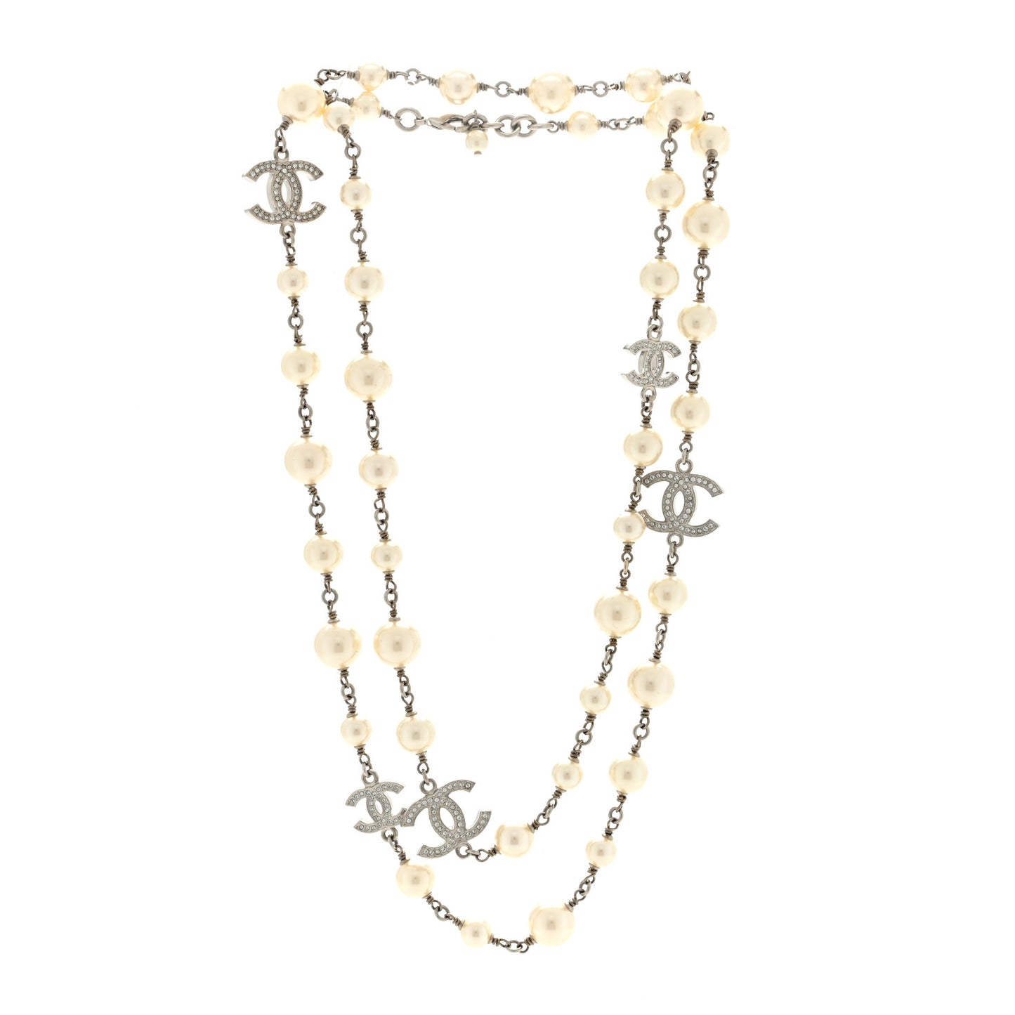 Graduated Pearl Crystal CC Long Necklace Silver